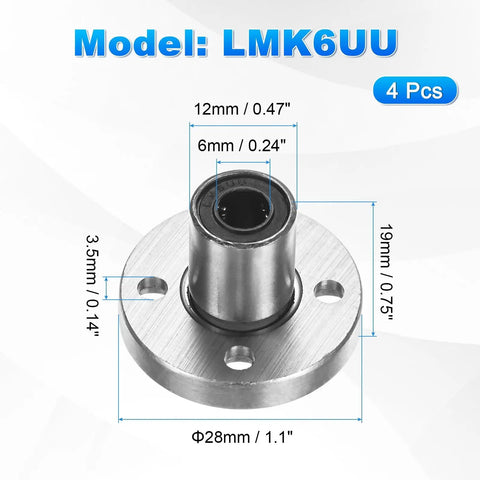 LMK6UU Linear Ball Bearing 6mm Bore 12mm OD 19mm Long With 3.5mm Hole Double Side Rubber Seal 4 Pack Round Flange Bushing