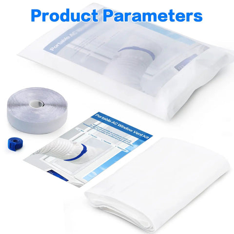 All In One Window Vent Kit For Portable AC And Dryer With Waterproof Seal Zero Gap Lock Fits 5 To 6 Inch Exhaust Hoses displayed with tape and packaging