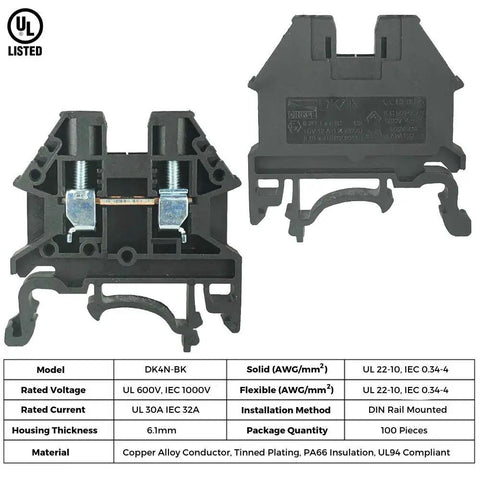 Compact DIN Rail Terminal Block Screw Type UL 600V 30A 10-22AWG, Pack of 100, shown from front and side