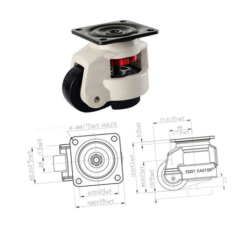 Beefed Up Leveling Casters Set, 4 Pack Universal Workbench Transport Wheels With 1100lb Load Capacity, Adjustable Feet For Industrial Equipment, Carts And Machinery, Aluminum Body, Non Slip Pads, Nylon Wheels: single leveling caster with nylon wheel and dimension diagram