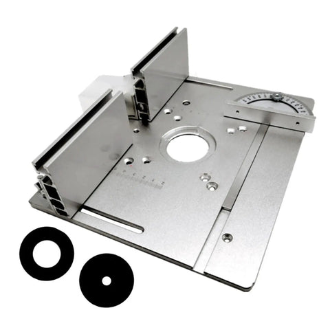 Heavy Duty Aluminum Router Table Insert Plate With Hella Precise Cnc Dial Scale and Smooth Gliding Miter Fence for Millimeter Exact Woodworking Trim and Engraving Projects That Are Total Game Changers For Any Workshop close-up view showing the aluminum surface and adjustment components.