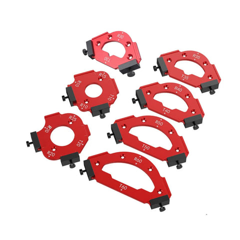 Heavy Duty Woodworking Round Corner Radius Templates Router Table Jig Kit features eight red aluminum templates ranging R10 to R50.