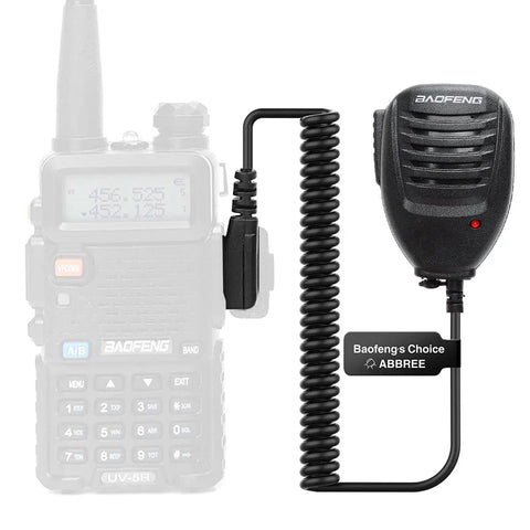 Rugged Ham Radio Speaker Microphone for UV Five R Walkie Talkies with 3.5mm Jack and 360 Degree Stainless Clip, shown with cord