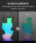 Comparison of glow-in-the-dark 3D printed model before and after using Ultra Fast UV Resin Curing Lamp for enhanced brightness.