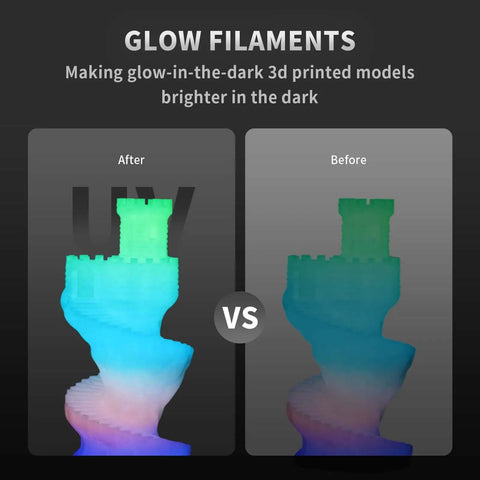 Comparison of glow-in-the-dark 3D printed model before and after using Ultra Fast UV Resin Curing Lamp for enhanced brightness.