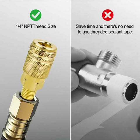 Brass 1/4 inch NPT M-style air coupler; two views: left threaded end close-up, right installed hose fitting