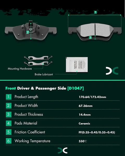 Front Ceramic Brake Pads Kit 4Pc Set for Ford Escape 2005-2012 Mazda Tribute 2005-2006 2008-2010 Mercury Mariner with specs display.