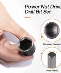 Close-up of 14 Piece Hex Shank Nut Driver and Drill Socket Set with one quarter inch impact nut driver sockets shown in use.