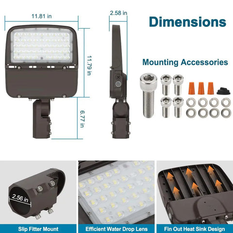 Power Saving 150W LED Parking Lot Light With Dusk To Dawn Sensor, 22500 Lumens, 5000K, IP65, mounting accessories shown