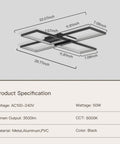 Black Square LED Ceiling Light Flush Mount for Dining Room Living Room Kitchen, dimensions and specifications shown