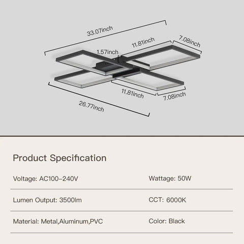 Black Square LED Ceiling Light Flush Mount for Dining Room Living Room Kitchen, dimensions and specifications shown