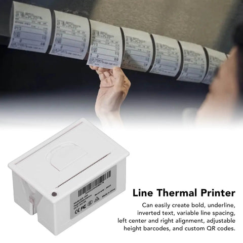 Rock Solid 58mm Thermal Receipt Printer Featuring Embedded Micro Usb And Ttl Serial Port with printed receipts showing text.