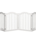 Rock Solid Freestanding Pet Gate With Quick Rollout Four Panel Dog Safety Fence Heavy Duty crafted white wooden barrier open design.