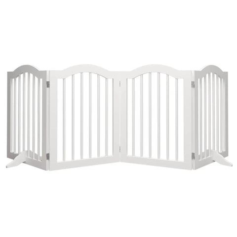 Rock Solid Freestanding Pet Gate With Quick Rollout Four Panel Dog Safety Fence Heavy Duty crafted white wooden barrier open design.