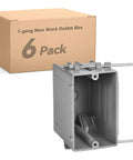1 Gang New Work PVC Electrical Box For Switch GFCI And Dimmer Installations 22 Cubic Inch UL Listed in front of packaging box