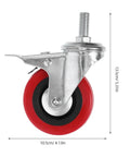 Four Piece 3 Inch Stainless Steel Swivel Caster Wheels With Twin Locking Brakes For Heavy Duty Industrial Trolleys Wire Shelving And Shop Furniture Smooth Rolling Zero Sweat Install Tough As Nails Grip, showing side view with red wheel and metal attachment.