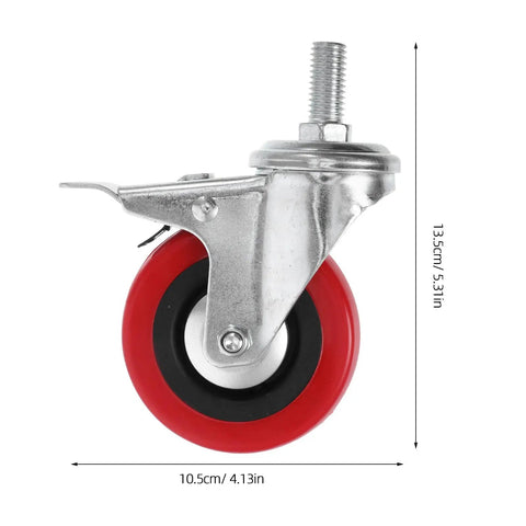 Four Piece 3 Inch Stainless Steel Swivel Caster Wheels With Twin Locking Brakes For Heavy Duty Industrial Trolleys Wire Shelving And Shop Furniture Smooth Rolling Zero Sweat Install Tough As Nails Grip, showing side view with red wheel and metal attachment.