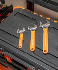 Adjustable Wrench Set 6 Inch 8 Inch 10 Inch Extra Capacity Forged Alloy Steel Metric And SAE 3 Piece Handy Tool For Tight Spaces With Smooth Turning Boss Grip on toolbox