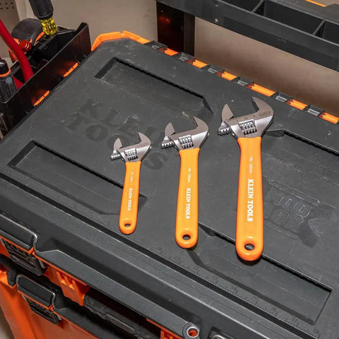Adjustable Wrench Set 6 Inch 8 Inch 10 Inch Extra Capacity Forged Alloy Steel Metric And SAE 3 Piece Handy Tool For Tight Spaces With Smooth Turning Boss Grip on toolbox