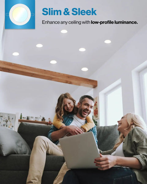 Family enjoying living room with Ultra Slim 6 Inch LED Recessed Downlights Kit, illuminating softly and enhancing ambiance.