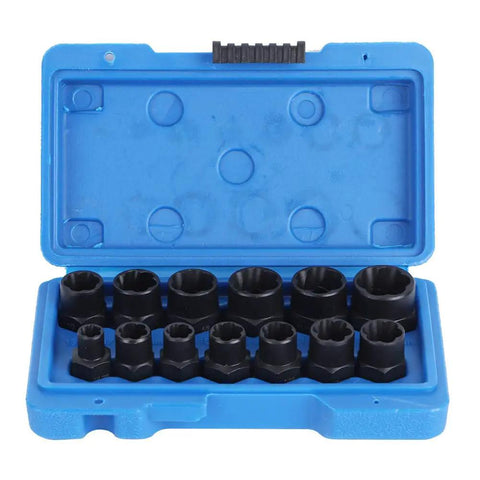 Heavy Duty Extractor Socket Tool Kit For Stubborn Bolt And Nut Removal Featuring Reverse Spiral Flutes and Ridiculous Grip Strength, 13 pc chrome vanadium set in blue case.
