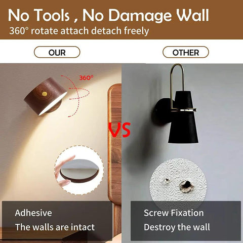 Comparison of Dope 2 Pack Wood Wall Sconce Set With Magnetic 360 Degree Rotatable Bedside Lamps using adhesive versus screw fixation.