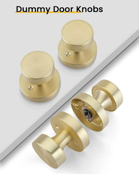 Gold Dummy Door Knobs Set Four Pack Heavy Duty Zinc Alloy With Brushed Gold Finish shown from top and side angles