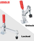 Heavy Duty 2 Pack Vertical Toggle Clamps Lock Down Jobs In Seconds With A Comfort Grip Non Slip Lever And Fast Actuation, showing locked and unlocked positions.
