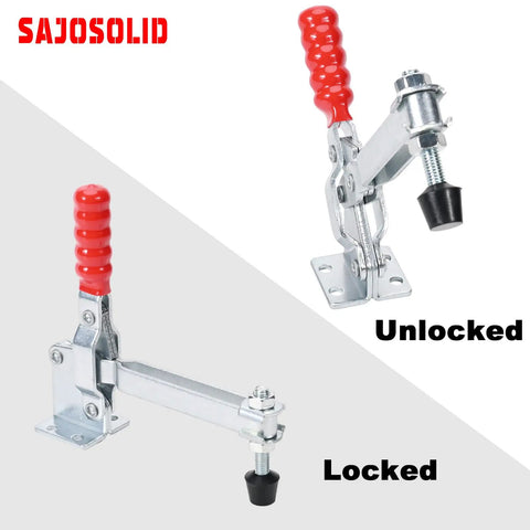 Heavy Duty 2 Pack Vertical Toggle Clamps Lock Down Jobs In Seconds With A Comfort Grip Non Slip Lever And Fast Actuation, showing locked and unlocked positions.
