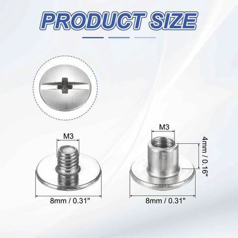 Detailed view of Kickass M3x4mm Chicago Screws 30 Piece Set Rust Resistant Stainless Steel Binding Post Rivets with size dimensions.