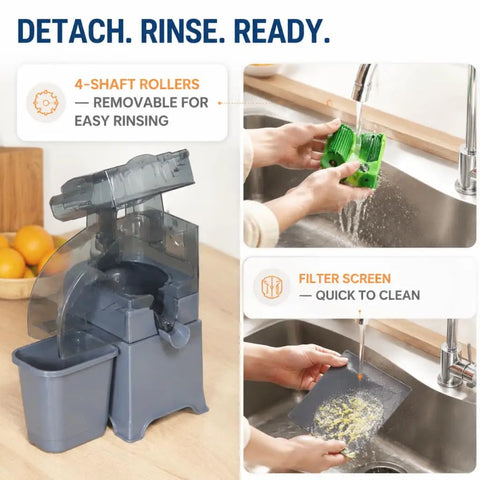 Heavy Duty Commercial Automatic Citrus Juicer Machine High Output Electric Orange Lemon Squeezer Extractor With Auto Pulp Separation cleaning components in sink.