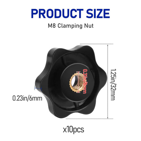 M8 Knurled Star Knob Set With Brass Inserts, Black Plastic Screw On Type Through Knobs dimensions and size details
