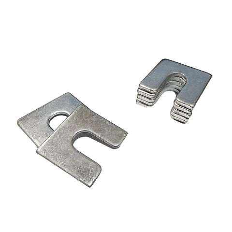 Pro Grade Alignment Shim Set For Auto Body And Fender Adjustments Includes One Sixteenth Inch And One Eighth Inch Thick Shims With Three Eighths Inch Slot 30 Pieces Zinc Plated For Rust Resistance Resealable Storage Box Camber Toe And Caster Alignment with zinc plated shims.