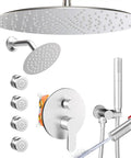Enga Dual Head Shower System with 4 Body Jets, 16" + 6" Round Shower Head with 2 in 1 Handheld Combo, Ceiling Mounted Shower Jets System Shower Faucet Set, Brushed Nickel, shown with various components.