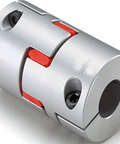 NBK Japan MJS-55CS-EGR 20mm to 30mm Jaw-type Flexible Coupling, silver with red accents, side view showing bore openings.