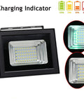 JUDYSSY Outdoor Remote Solar Flood Lights Led Solar Panels with Charging Indicator, showing bright LED light and charging levels.