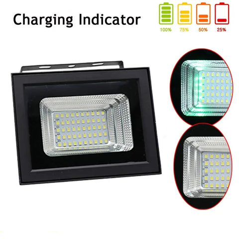 JUDYSSY Outdoor Remote Solar Flood Lights Led Solar Panels with Charging Indicator, showing bright LED light and charging levels.