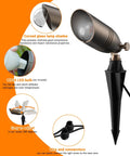 Solid Brass 12V Low-Voltage Wired Landscape Lighting Set Built Tough For Outdoor Spaces, illustrated spotlight features and connections
