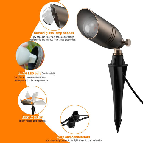 Solid Brass 12V Low-Voltage Wired Landscape Lighting Set Built Tough For Outdoor Spaces, illustrated spotlight features and connections
