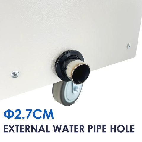 Close-up of external water pipe hole on Heavy Duty Portable Air Conditioner Rock Solid Industrial Spot Cooler With Killer 61000 BTU.