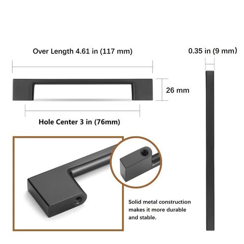 10 Pack Brushed Gold Cabinet Pulls 3 Inch Square Brass Kitchen Cabinet Handles dimensions and side view