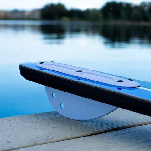 Close-up of Adult Water Skis Celebrity Ski Combo For Beginners To Pros 68 Inch Blue with dual tunnel design lakeside view