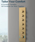 Hit Different Premium Brushed Gold Led Shower System With Bluetooth Speaker And Dual Ceiling Mounts featuring control panel with 6 functions.