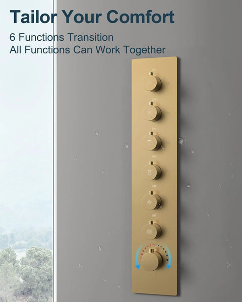 Hit Different Premium Brushed Gold Led Shower System With Bluetooth Speaker And Dual Ceiling Mounts featuring control panel with 6 functions.