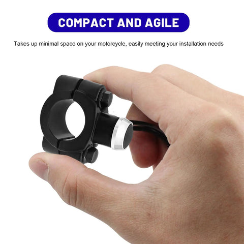 Heavy Duty Seven Eighths Inch Motorcycle Handlebar Switch in hand, compact design with polished aluminum controls for quick use.