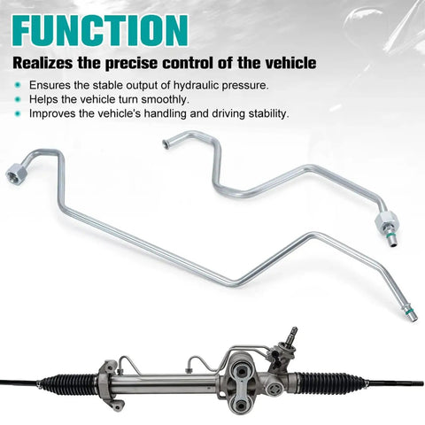 Hard Line Rack And Pinion Transfer Lines Replacement For 2008 2014 Silverado Tahoe Suburban Avalanche 2008 2014 GMC Sierra Yukon Cadillac Escalade ESV Direct Fit Bolt On Rack Line Kit displayed with text about function and stability