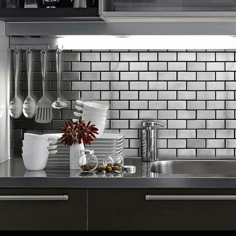 Stainless Steel Peel And Stick Backsplash Tiles Set Of 10 Sheets With 3D Metal Subway Silver Brick Mosaic in kitchen setting