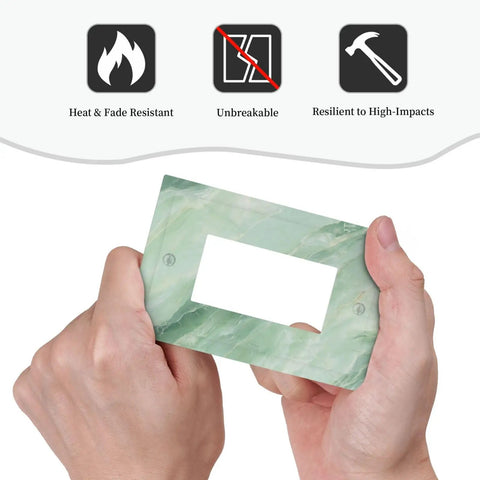 Clean Line Green Marble Abstract Outlet Cover 1 Gang Switch Plate held in hand, highlighting unbreakable, fade-resistant design.