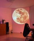 Room with large moon image projected, showcasing Earth And Moon Projector Lamp With USB Charging, Bendable Stand, Dual Projection Patterns.