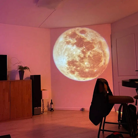 Room with large moon image projected, showcasing Earth And Moon Projector Lamp With USB Charging, Bendable Stand, Dual Projection Patterns.